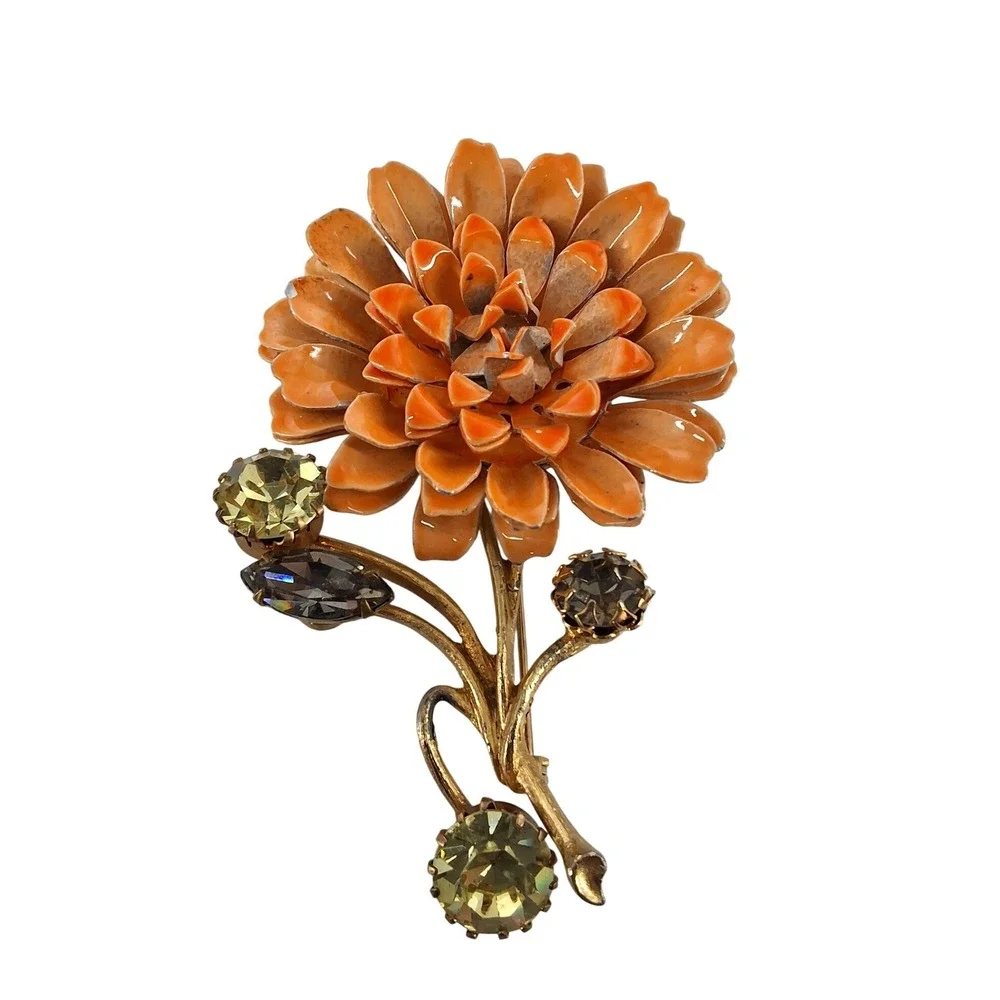 Vintage 1960s Orange Enamel Flower Brooch Large Mod Poppy‎ Rhinestone Gold Tone